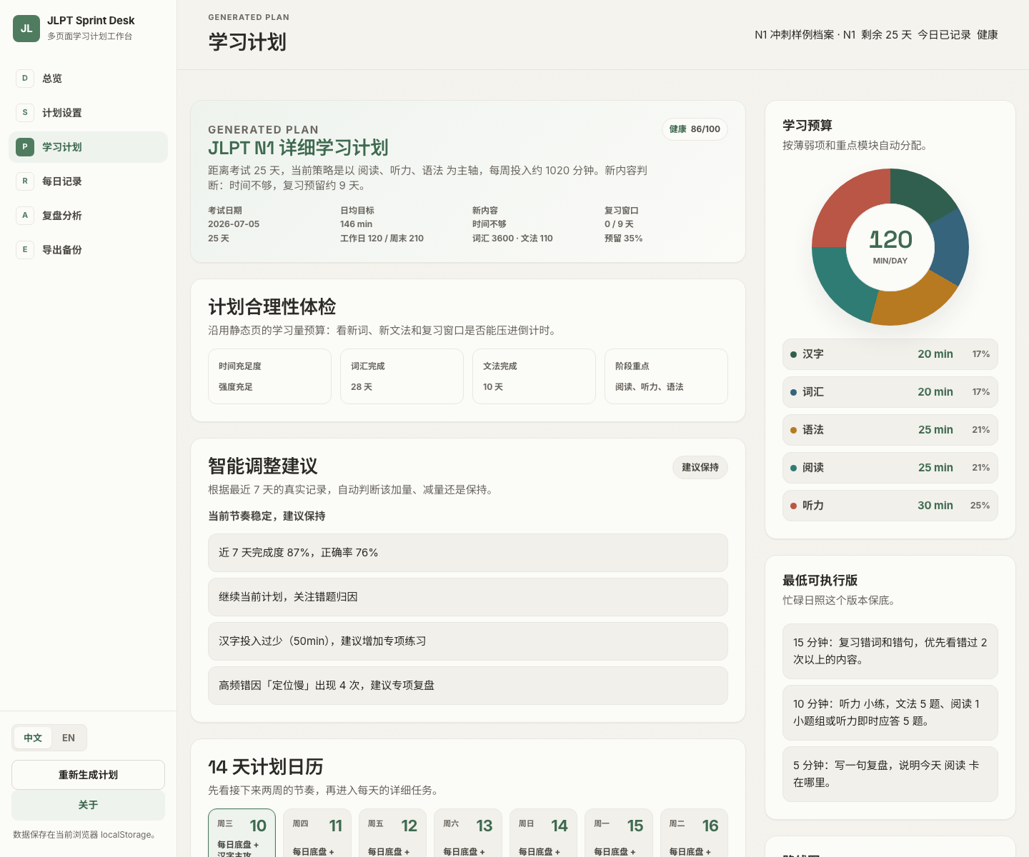 JLPT N1 详细学习计划:计划合理性体检、智能调整建议和学习预算。